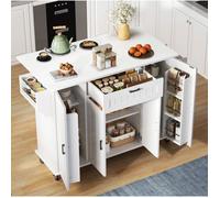 Îlot Cuisine Mobile 120x45x95 cm extensible à 70 cm, 4 portes, 1 tiroir, MDF blanc, sur roulettes