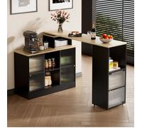 Îlot Cuisine Mobile avec table extensible pivotant avec rangement, verre rainure, roulettes 360°,155 x 100 x 90 cm, noir