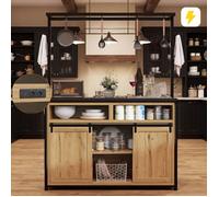 Îlot de cuisine 107x62x183cm avec plan de travail, étagère suspendue, prises intégrées, portes coulissantes et rangements, bois noir