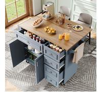 Îlot de cuisine - 110 x 45-75 x 92 cm - Plateau pliable - Séparateurs réglables - Bleu