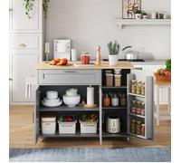 Îlot de cuisine 132,5x44/70x90cm, table à mange, étagères de rangement, tiroirs, porte-épices, porte-serviettes,roulette,MDF,gris