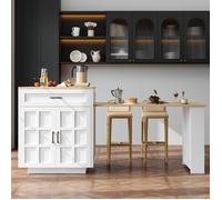 Îlot de cuisine (133-202×70×93,5 cm) avec 2 tiroirs, 2 portes et 4 compartiments, table extensible pour 2 à 6 personnes - Blanc