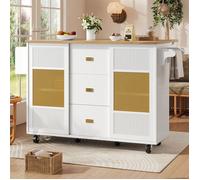 Îlot de Cuisine 146x70x90 cm Blanc - Chariot Extensible sur Roulettes, Table Rabattable, Porte-Serviettes & Épices, Rangement XXL