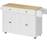 Îlot de cuisine à roulettes, 2 tiroirs, 2 placards, mobile, étagère à épices, porte-serviettes, porte-couteaux, MDF, blanc