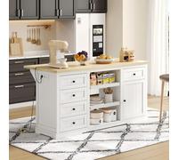 Îlot de cuisine - Armoire buffet blanche et cave à vin avec 5 tiroirs et un plateau rabattable