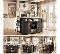 Îlot de Cuisine avec 2 Tabourets, Meuble avec Prises, MDF, Noir et Bois