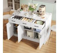 Îlot de cuisine avec bar intégré, design en marbre blanc, dimensions 120x60x90,5 cm, 3 tiroirs et 3 portes, étagères réglables, îlot de cuisine fixe élégant pour cuisine ouverte
