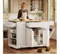 Îlot de cuisine avec compartiment poubelle, meuble buffet 120x50x92 cm, Ilot central mobile à roulettes, 2 portes et 3 tiroirs