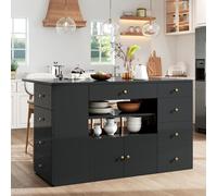 Îlot de cuisine avec plan de travail et 6 tiroirs, incluant un tabouret à roulettes, dimensions : 140 x 40 x 89 cm, couleur : noir