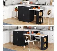 Îlot de cuisine avec table à manger extensible pour 4 à 6 personnes, plan de travail bicolore, multiprise intégrée, étagère de rangement, deux blocs-tiroirs, deux plans de travail ouverts.