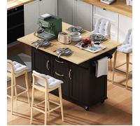 Îlot de cuisine avec table extensible, desserte mobile avec tiroirs, porte-serviettes et multiprise - Noir