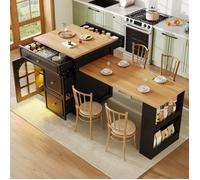 Îlot de cuisine, avec tiroirs et LED, table de bar extensible, longueur réglable de 122,5 à 195,5 cm, finition bois, vitrine, noir