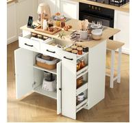 Îlot de Cuisine Blanc 120x45x96 cm avec 2 Tabourets - Plan de Travail Extensible, Station de Charge Intégrée et Rangement - Blanc