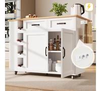 Îlot de cuisine blanc avec finition imitation bois. Chariot de service coulissant équipé d'une multiprise et d'un porte-bouteilles.