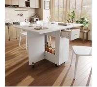 Ilot de cuisine blanche (120 × 75 × 75 cm) - surface de travail mobile, espace de rangement ouvert, 2 tiroirs, pour 2-4 personnes