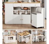 Îlot de cuisine, buffet avec tabourets de bar, meuble de cuisine à 6 tiroirs et tabourets, dimensions réglables : 140 × 40 (70) × 89 cm, blanc