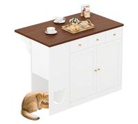Îlot de cuisine - Chariot de cuisine et buffet avec tiroirs - Plan de travail extensible - Étagère à épices - Coin repas pour animaux de compagnie - Sans support pour chats - En MDF - Blanc et noyer f