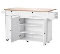 Îlot de cuisine de 153 cm avec chariot, meuble de rangement à roulettes, table à tiroirs et plateau rabattable