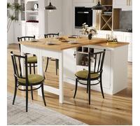Îlot de Cuisine Extensible 120-180 cm Blanc avec Rangement et Porte-Bouteilles, Table de Repas Pivotante 360°, Table Haute