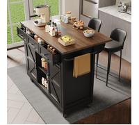 Îlot de cuisine extensible，avec plan de travail extensible et roulettes, équipé de 2 portes coulissantes et de 3 tiroirs, noire