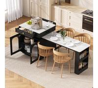 îlot de cuisine extensible led roulettes usb noir moderne cuisine essz | Table à manger extensible en MDF avec verre, 128-200 x 71 x 92 cm, avec USB, LED et roulettes, comme buffet, buffet