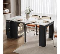 Îlot de Cuisine Extensible Mobile avec Rangement, LED, Station de Charge, USB-C, 3 Portes, Table à Manger Extensible, pour Salle à Manger/Cuisine Ouverte/Bar à la Maison (Noir-26B)
