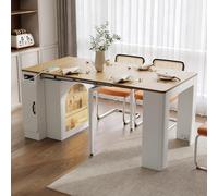 Îlot de Cuisine Extensible Mobile avec Rangement, LED, Station de Charge, USB-C, 3 Portes, Table à Manger Extensible, pour Salle à Manger/Cuisine Ouverte/Bar à la Maison (Blanc-26K)