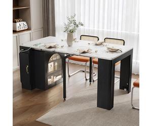 Îlot de Cuisine Extensible Mobile avec Rangement, LED, Station de Charge, USB-C, 3 Portes, Table à Manger Extensible, pour Salle à Manger/Cuisine Ouverte/Bar à la Maison (Noir-26B)
