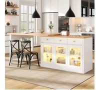 Îlot de Cuisine Extensible pour Famille/Amis, 200cm Table Repas, 120cm Compact, 3 Tiroirs + 3 Placards - Blanc blanc MANGE-DEBOUT