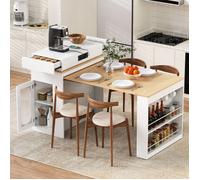Îlot de cuisine extensible sur roulettes Desserte de cuisine Table à manger 4 personnes avec 1 porte 2 tiroirs prises - blanc