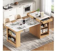 Îlot de cuisine extensible sur roulettes Desserte de cuisine Table à manger 4 personnes avec 1 porte 2 tiroirs prises - naturel