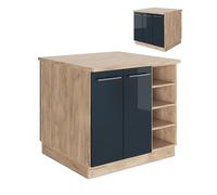 Vicco îlot de Cuisine Fame-Line, Bleu foncé Brillant, 90cm | Façade en MDF · 6 Tablettes · Pieds réglables en hauteur · Poignées en métal · Fermeture douce