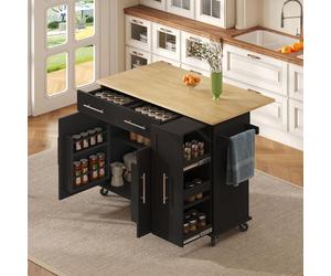 Îlot de cuisine Fortuna Lai avec abattant, chariot de rangement avec organiseur à 3 niveaux coulissant, étagère de rangement interne, chariot roulant avec porte-serviettes et 2 tiroirs pour salle à ma
