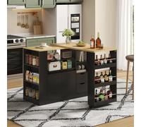 Îlot de cuisine Fortuna Lai avec plan de travail coulissant, îlot de rangement de 115 cm de long avec étagères sur trois côtés et deux tiroirs, bar à café, table à manger coulissante en bois, adapté a