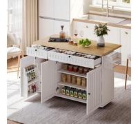 Îlot de cuisine Fortuna Lai avec plan de travail rabattable, armoire de cuisine sur 6 roulettes blocables, avec étagère, porte-serviettes, 2 grands tiroirs et placard, blanc, 137 x 89,5 x 45 cm