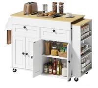 HOMCOM Îlot Central Cuisine avec Plateau Extensible, Desserte de Cuisine sur roulettes avec 2 Tiroirs, 4 Portes, Porte-Serviettes et Porte-Épices, Style Rustique,127,2-189,2 x 50 x 87,8 cm, Blanc