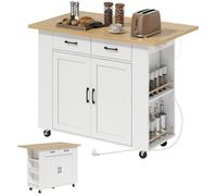 Îlot de Cuisine - HOMCOM - Station de Charge, Plan de Travail Rabattable et Roulettes - Bois - 120 x 71 x 89 cm - Blanc