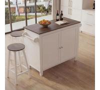 Îlot de cuisine HWC-P61 avec 2 tabourets, armoire de cuisine, tiroir, compartiments de rangement, MDF 90 x 120 x 45 cm blanc, bois foncé