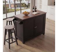 Îlot de cuisine HWC-P61 avec 2 tabourets, armoire de cuisine, tiroir, compartiments de rangement, MDF 90 x 120 x 45 cm noir, bois foncé