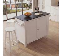 Îlot de cuisine HWC-P61 avec 2 tabourets, armoire de cuisine, tiroir, compartiments de rangement, MDF 90 x 120 x 45 cm blanc, aspect marbre noir