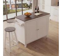 Îlot de cuisine HWC-P61 avec 2 tabourets, armoire de cuisine, tiroir, compartiments de rangement, MDF 90 x 120 x 45 cm ~ blanc, bois foncé