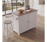 Îlot de cuisine HWC-P61 avec 2 tabourets, armoire de cuisine, tiroir, compartiments de rangement, MDF 90 x 120 x 45 cm blanc, bois clair