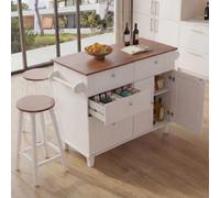 Îlot de cuisine HWC-P62 avec 2 tabourets, armoire de cuisine, tiroir, compartiments de rangement, MDF 90 x 131 x 47 cm blanc, bois clair