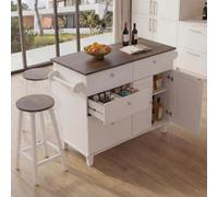 Îlot de cuisine HWC-P62 avec 2 tabourets, armoire de cuisine, tiroir, compartiments de rangement, MDF, 90 x 131 x 47 cm blanc, bois foncé