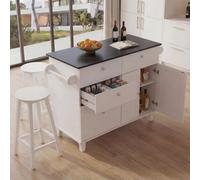 Îlot de cuisine HWC-P62 avec 2 tabourets, armoire de cuisine, tiroir, compartiments de rangement, MDF 90 x 131 x 47 cm blanc, aspect marbre noir