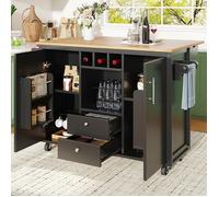Îlot de cuisine - LINHOO - 137,9 x 45/73 x 92 cm - MDF et métal noir - Plateau rabattable, roulettes et rangements