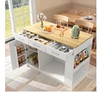 Îlot de cuisine MDF blanc 120x60x90 cm avec 3 tiroirs étagère réglable plateau épices et niche animal