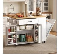 Îlot de cuisine mobile 130x45-70x93 cm - plateau rabattable - meuble poubelle - rangements - roulettes freinées - MDF - naturel