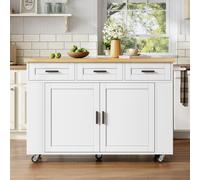 Îlot de cuisine mobile avec plan de travail rabattable, dimensions 120x45(70)x84 cm, en MDF, finition naturelle et blanche, équipé de tiroirs, d'une prise électrique et de roulettes pour une utilisati