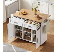 Îlot de cuisine mobile avec plan de travail rabattable et tiroir à couverts. Plan de travail de cuisine, armoire de cuisine sur roulettes, blanc